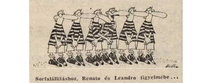 Karikatúra a Népsportban arról, hogyan is kellene állnia a sorfalban a brazil Renatónak és Leandrónak – Forrás: Arcanum