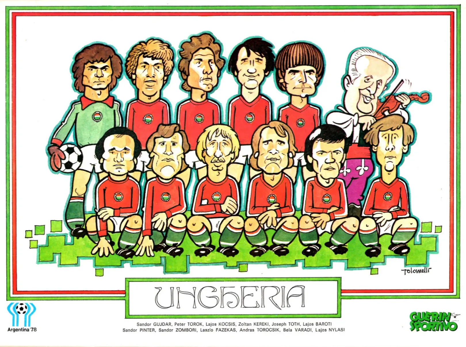 A magyar csapat karikatúrája az 1978-as futball-világbajnokság előtt az olasz Guerin Sportivo magazinban – Forrás: Fábián Titusz gyűjteménye