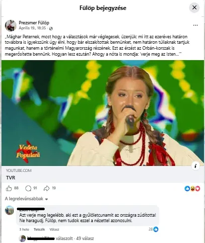 Prezsmer Fülöp azóta törölt bejegyzése – Forrás: Facebook-bejegyzés képernyőmentése