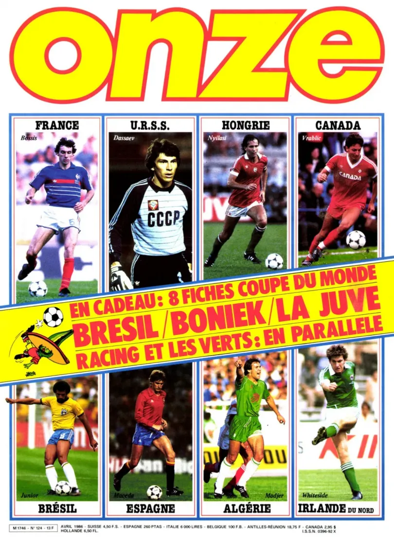 Balra Nyilasi Tibor a France Football legendás magazin egyik oldalán az 1986-os világbajnokság előtt; jobbra az Onze francia sportmagazin egyik borítója a vb előtt, a címlapon többek között Nyilasival – Forrás: Fábián Titusz gyűjteménye