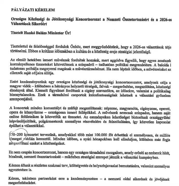 Részlet a Kulturális és Innovációs Minisztériumnak beadott pályázati kérelemből – Fotó: Telex 