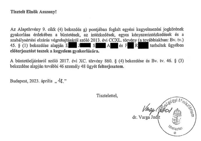 Varga Judit április 18-i levele a támogató felterjesztésekről, amelyek között nem szerepelt K. Endre neve – Forrás: Sándor-palota
