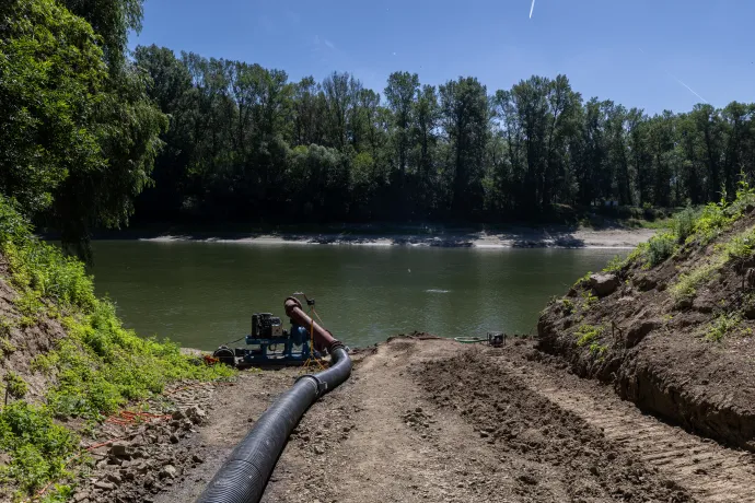 Fazekas Helga, a Közép-Tisza-vidéki Vízügyi Igazgatóság árvízvédelmi osztályának vezetője és a szivattyú, amivel az ártérre emelik a folyó vizét – Fotó: Bődey János / Telex