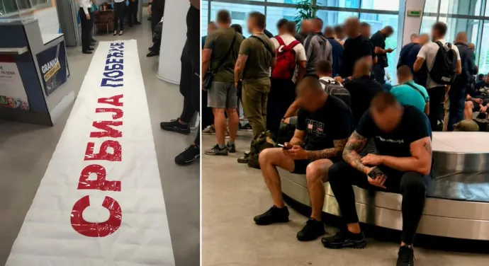 A „Szerbia győz” feliratú molinó és a charterrel érkezők egy csoportja a reptéren – Fotó: Montenegrói rendőrség