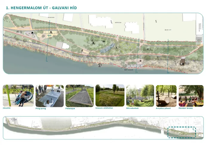 A tervezett sétány melletti ingatlanfejlesztések és az első szakasz – Forrás: Open Air Design / Massány Edina