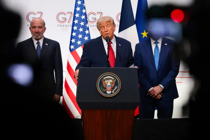 Donald Trump sajtótájékoztatót tart a G7-csúcstalálkozón Évian-les-Bains-ben, 2026. június 17-én – Fotó: Anna Moneymaker / Getty Images