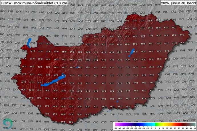 Keddi csúcshőmérsékletek az országban – Adatok: Középtávú Időjárás-előrejelzések Európai Központja – Kép: HungaroMet