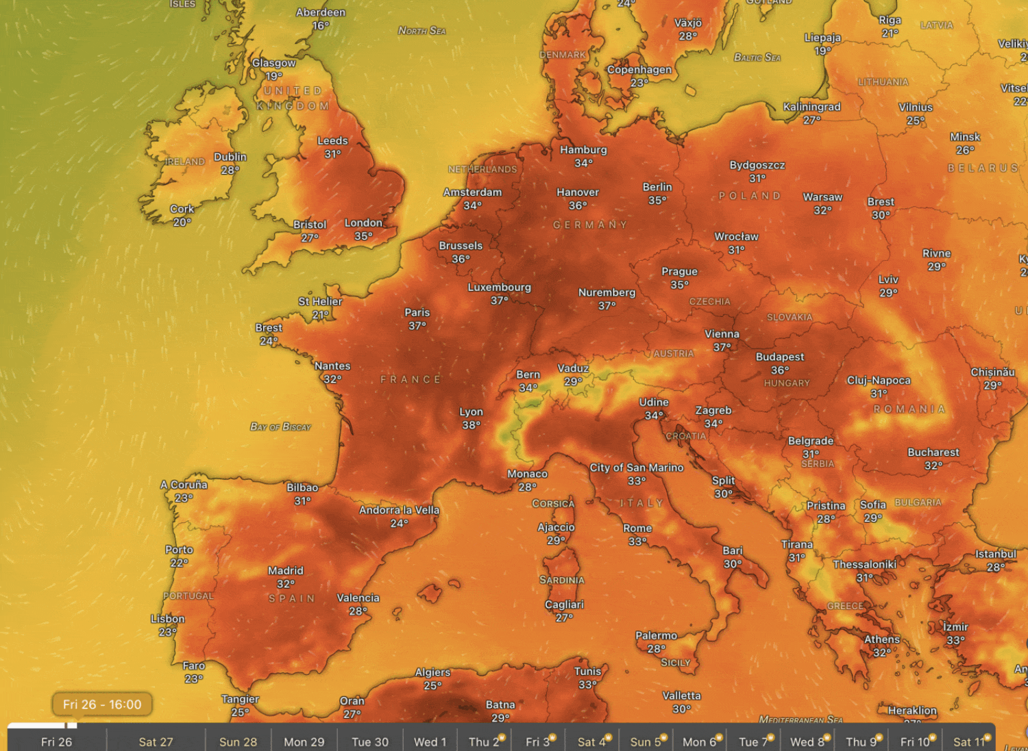 Így vonul át Európa fölött a hőkupola – Forrás: Windy