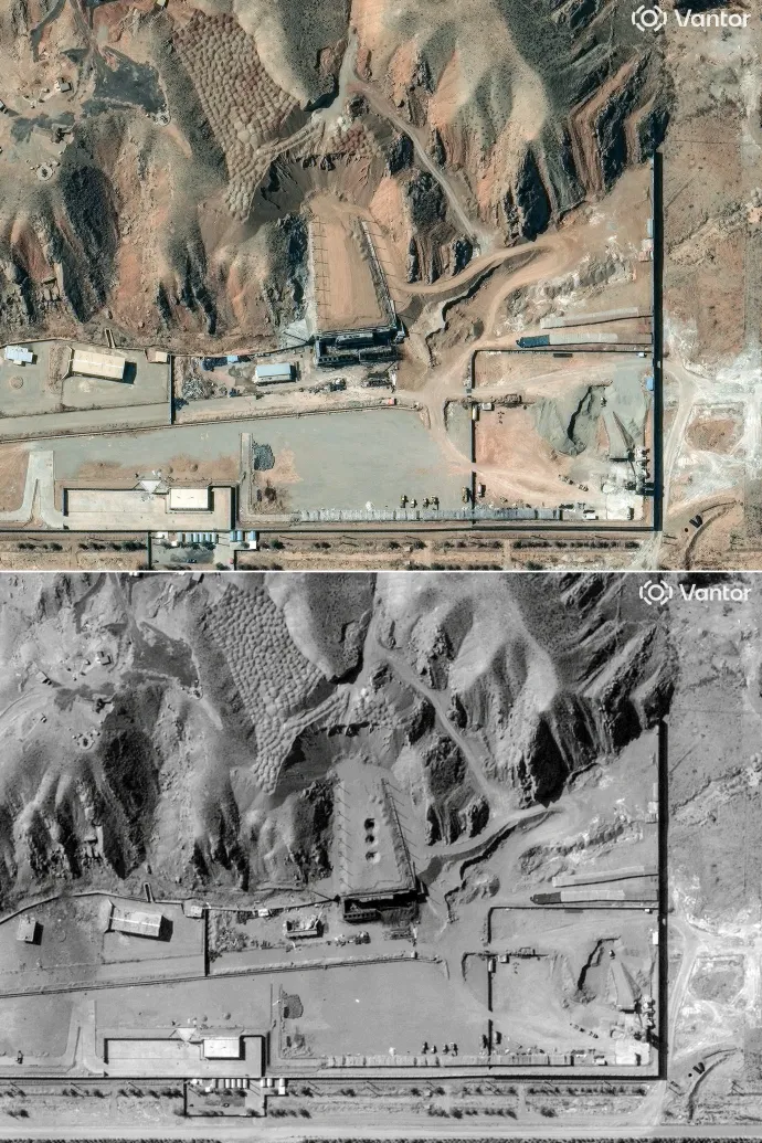Az alsó képen a parcsini Taleghan 2-es létesítmény látható a 2025-ös támadás után, három lyukkal. A felsőn ugyanez a létesítmény szerepel, 2026 március 11-én – Fotó: AFP PHOTO / Satellite image ©2026 Vantor