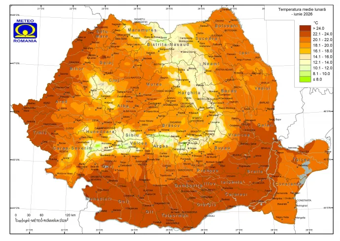 A júniusi átlaghőmérsékletek idén – Forrás: meteoromania.ro