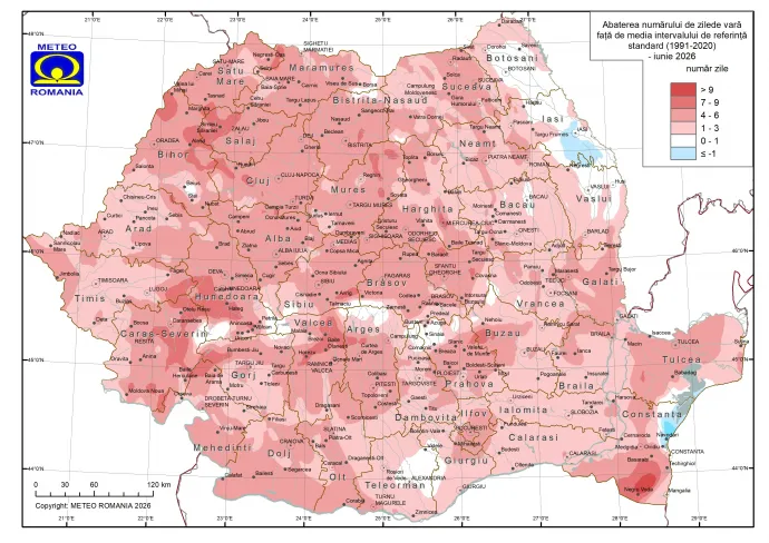 A nyári napok számának eltérése a korábbi évek referenciaértékétől – Forrás: meteoromania.ro