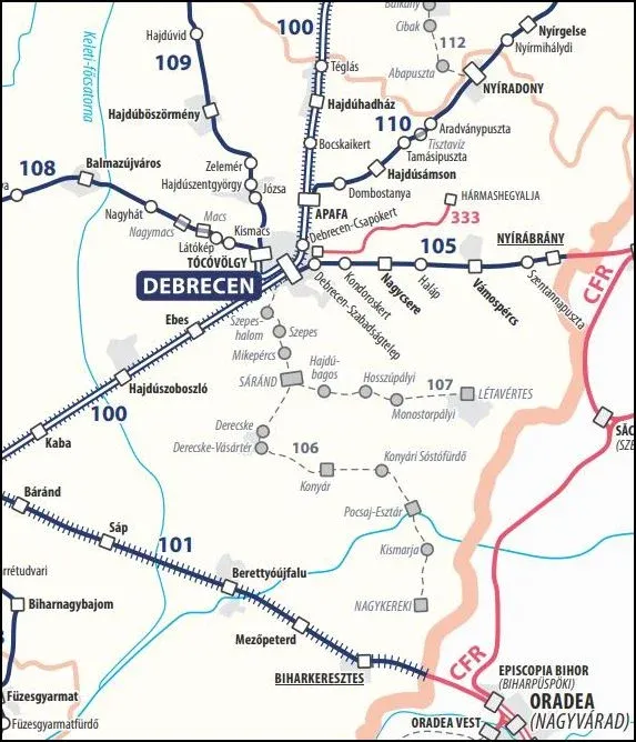 Debrecen-környéki vasútvonalak, a tram-trainhez szükséges 109-essel és 106-ossal – Forrás: MÁV