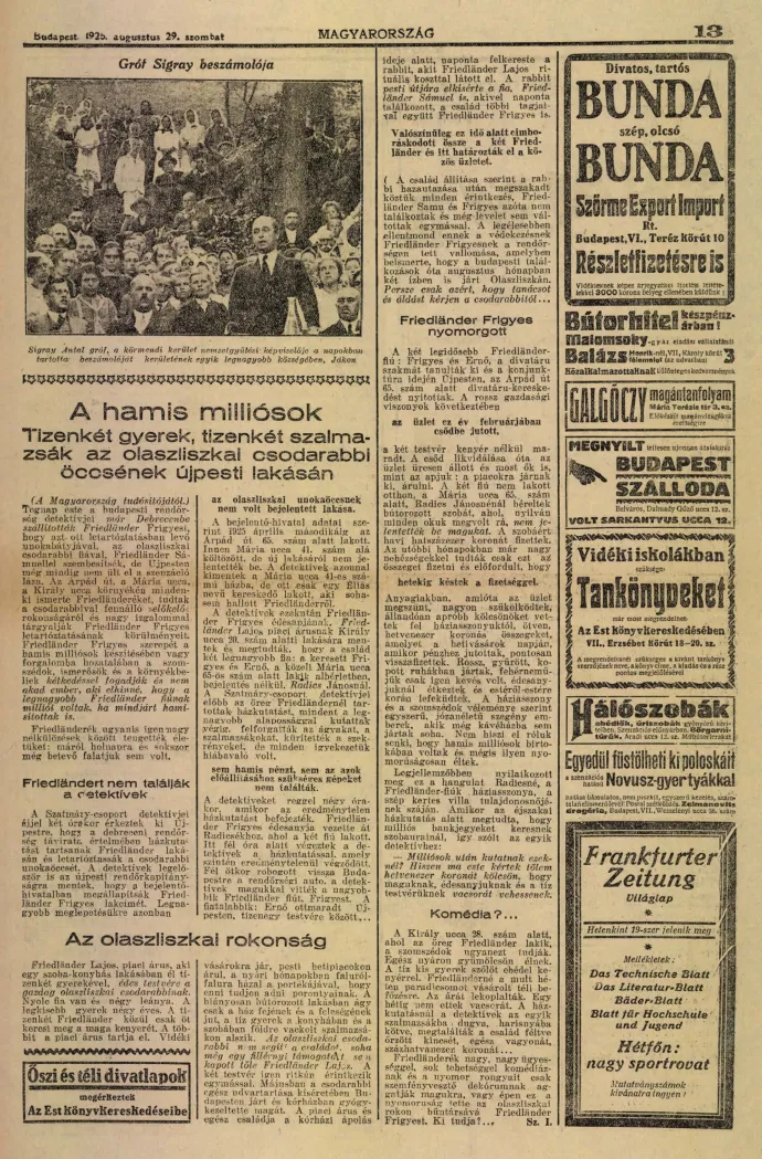 Cikk az ügyről a Magyarország nevű napilap 1925. augusztus 29-i számában – Forrás: Magyarország, 1925. augusztus (32. évfolyam, 171–194. szám) / Arcanum