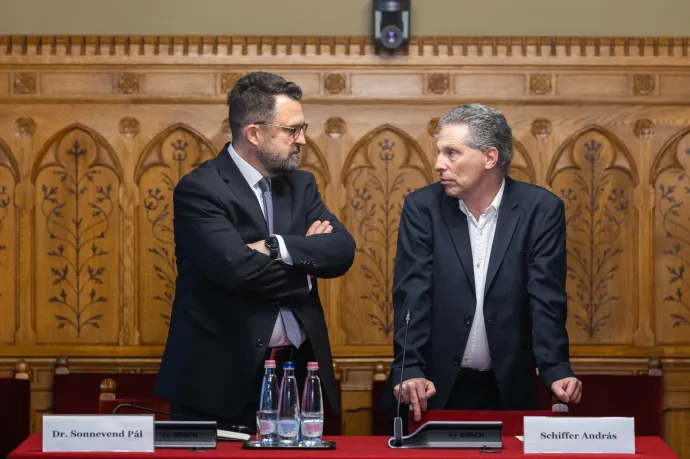 Sonnevend Pál alkotmányjogász, az ELTE tanszékvezető egyetemi tanára, a Tisza-frakció alkotmánybíró-jelöltje és Schiffer András ügyvéd, politikus, a Mi Hazánk frakciójának alkotmánybíró-jelöltje a meghallgatásukon 2026. július 27-én. Fotó: Kocsis Zoltán / MTVA 