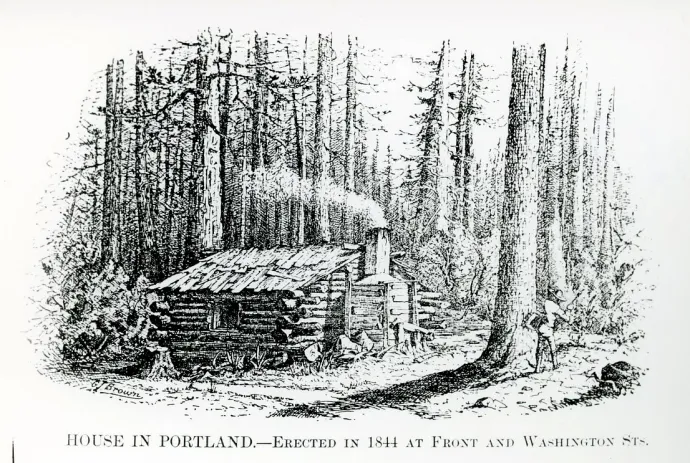 Az úgynevezett Overton Cabin rajza. Az 1844-ben, a későbbi Portland területén emelt rönkházat William Overtonról nevezték el, de valószínűleg már azután épült, hogy Overton eladta részesedését Francis Pettygrove-nak. Az épület pontos azonosítása és a rajz készítésének ideje bizonytalan – Forrás: www.oregonencyclopedia.org