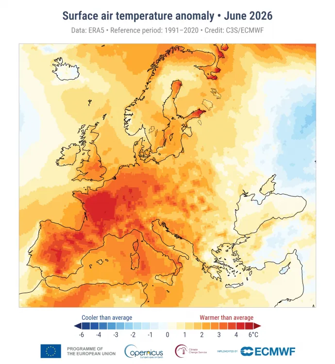 Hőmérsékleti anomáliák Európában idén júniusban – Forrás: Copernicus