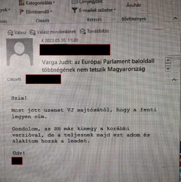 Képernyőfotó Varga Judit sajtósának kéréséről