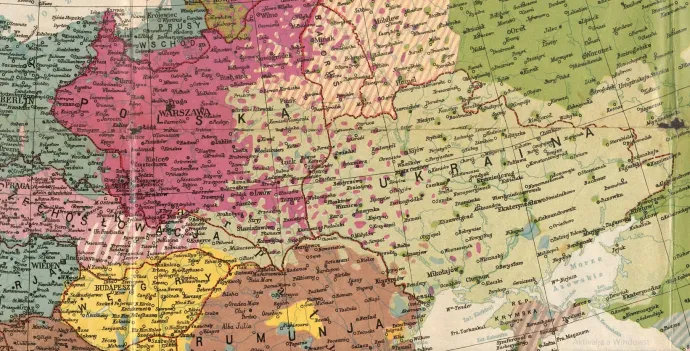 Edward Maliszevsky 1922-ben készített etnikai térképe: az ukránok lakta területek világos zölddel, a lengyelek által lakottak pedig sötétebb rózsaszínnel vannak jelölve – Fotó: RCIN