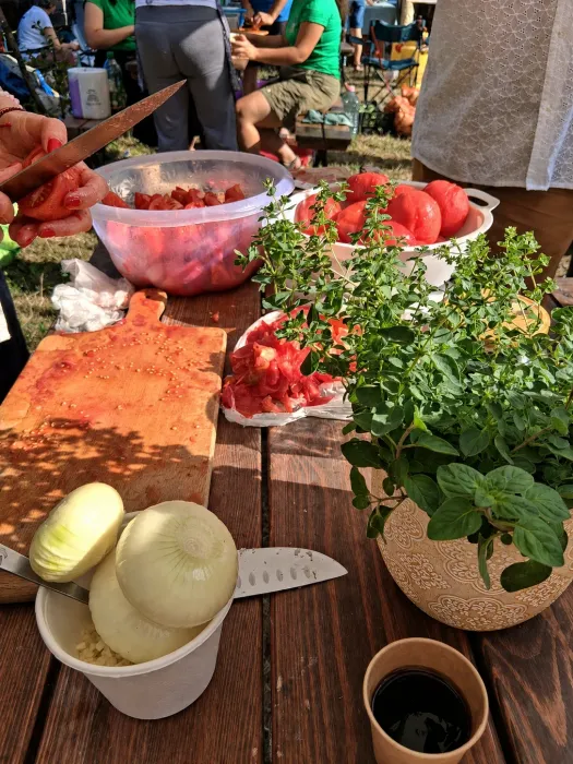 A Steluța Farm vérvörös paradicsomjaiba koncentrálódott ízgazdagság és az oreganó bódító illata teszi ellenállhatatlanná főztünket, magyarázza Leopold Erika Laczkó Vass Róbertnek, aki zsűritagként érdeklődik arról, hogy mi lesz itt – Fotók: Zsizsmann Erika / Transtelex