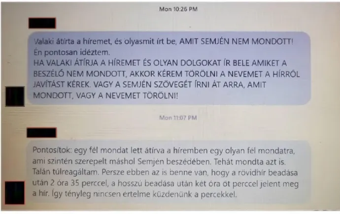 A munkahelyi csoportba küldött üzenetek a Semjén-ügy kapcsán – Képernyőmentés a Narancs csíkos dokumentumból