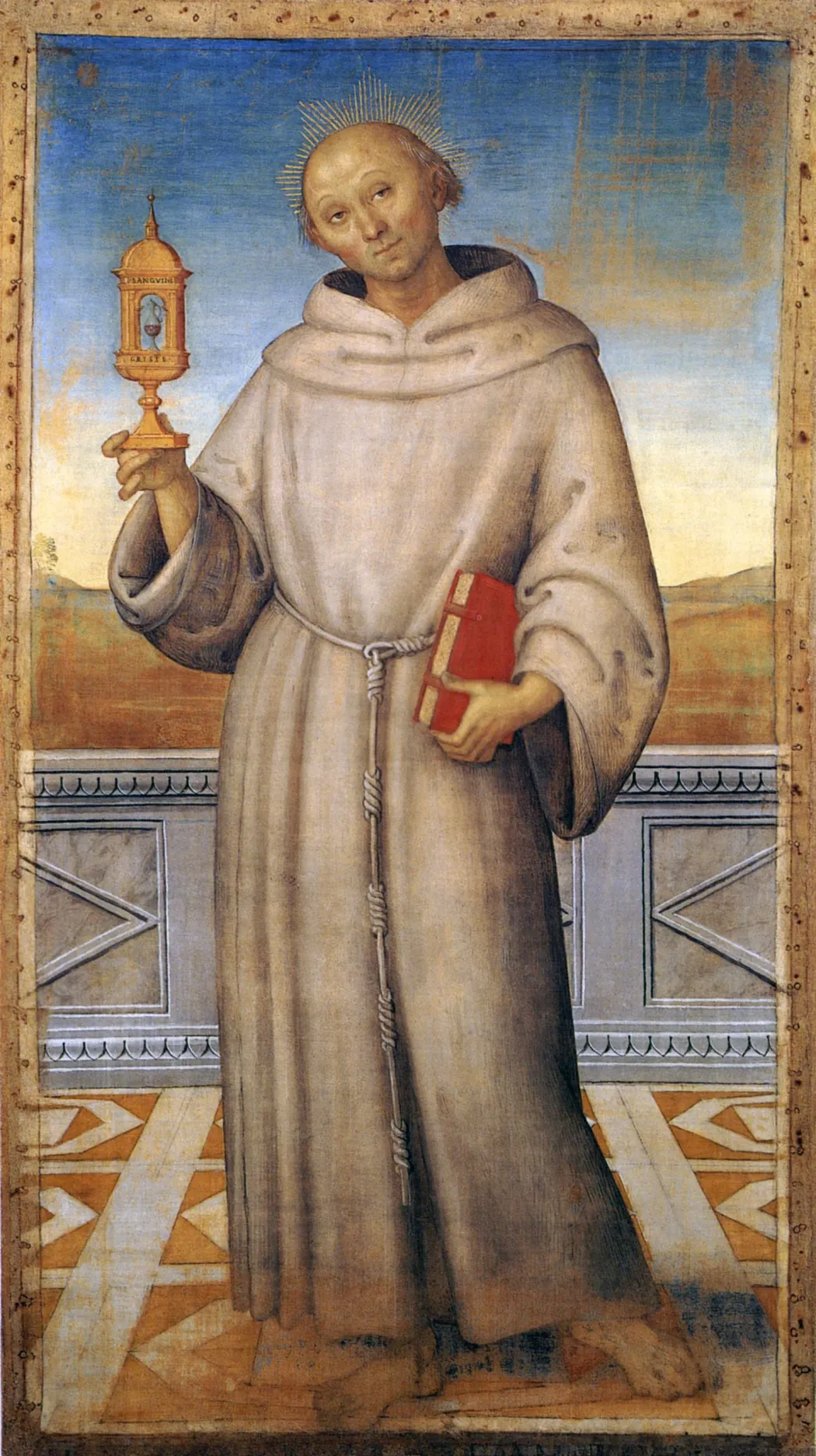 Pietro Perugino Marchiai Szent Jakabot tipikus ferences öltözetben ábrázoló festménye