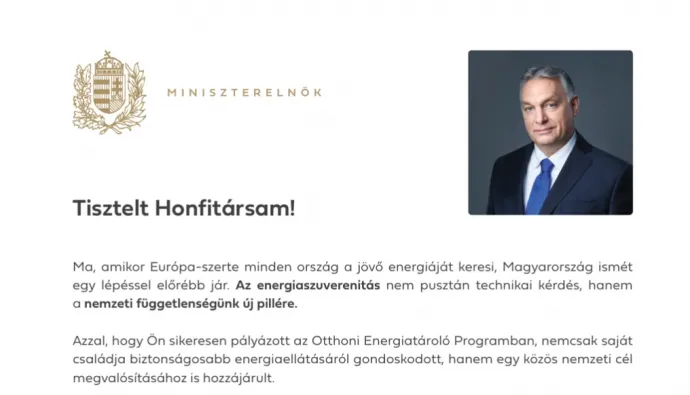 Az OETP nyerteseinek kiértesítő levele Orbán Viktor fényképével – Fotó: G7
