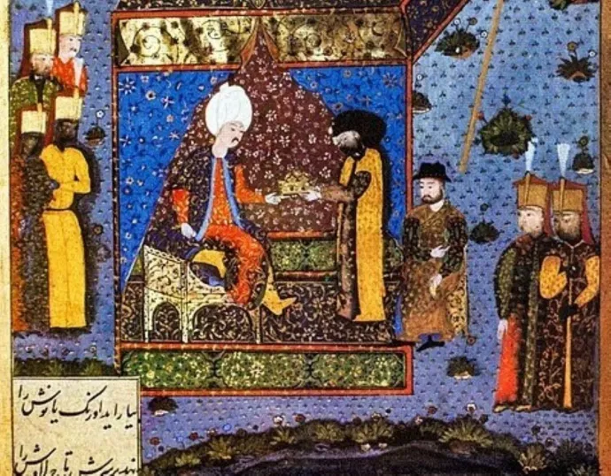Szulejmán visszaadja Szapolyainak a Szent Koronát – török miniatűr, részlet