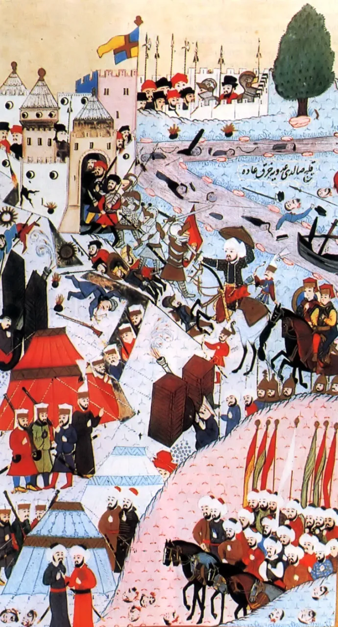 A nándorfehérvári csatáról 1584-ben készült török miniatúra. Középpontjában, fehér lovon II. Mehmed oszmán szultánt, jobb alsó részén a török sereg elvonulását ábrázolta a miniátor – Isztambul, Topkapi Szeráj Múzeum