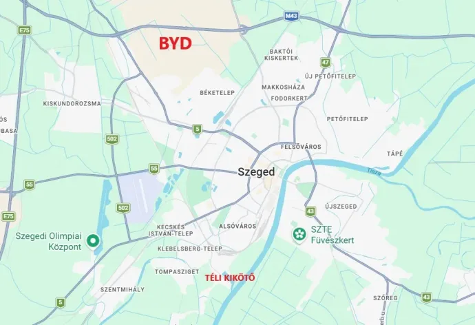 Közúton 9 kilométer a BYD autógyár és a Téli kikötő távolsága, ahol a hulladékfeldolgozó lesz – Forrás: Google