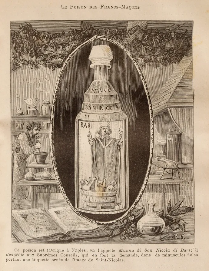 Szent Miklós mannája néven árult fiola Léo Taxil Les Mystères de la Franc-Maçonnerie című munkájából – Forrás: Wikipedia