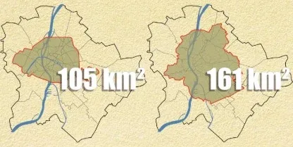 A párizsi és a brüsszeli autómentes napi, autóforgalom elől lezárt terület Budapest teljes területére vetítve