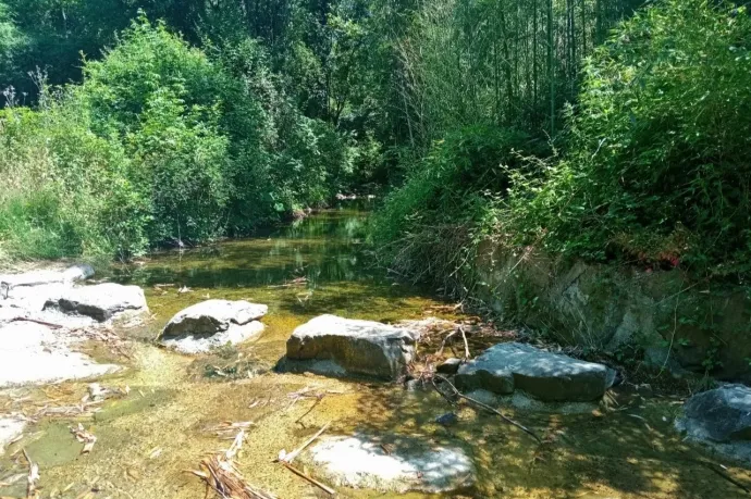 Villafranca, tipegő a Moina-patakon és Filetto, az egykori római castrum – Fotó: Elekes Balázs