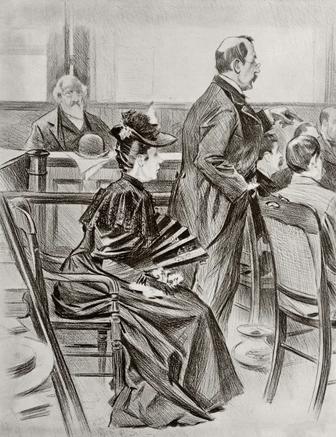 Lizzie Borden védőügyvédjével a tárgyaláson egy korabeli illusztráción – Fotó: Universal Images Group / Getty Images