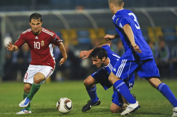 Hajnal Tamás a 2012-es labdarúgó-Európa-bajnoki selejtezősorozat San Marino–Magyarország mérkőzésén 2011. június 7-én – Fotó: Andreas Solaro / AFP