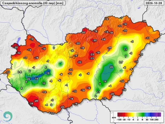A 30 napos csapadékösszeganomália-térkép végre pozitív számokat is mutat – Forrás: HungaroMet
