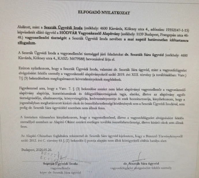 A Hódvár Vagyonkezelő Alapítvány vagyonellenőre is a Seszták Ügyvédi Iroda lett