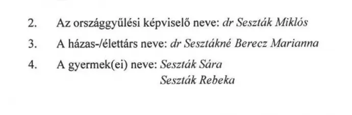Részlet Seszták Miklós korábbi vagyonnyilatkozatából